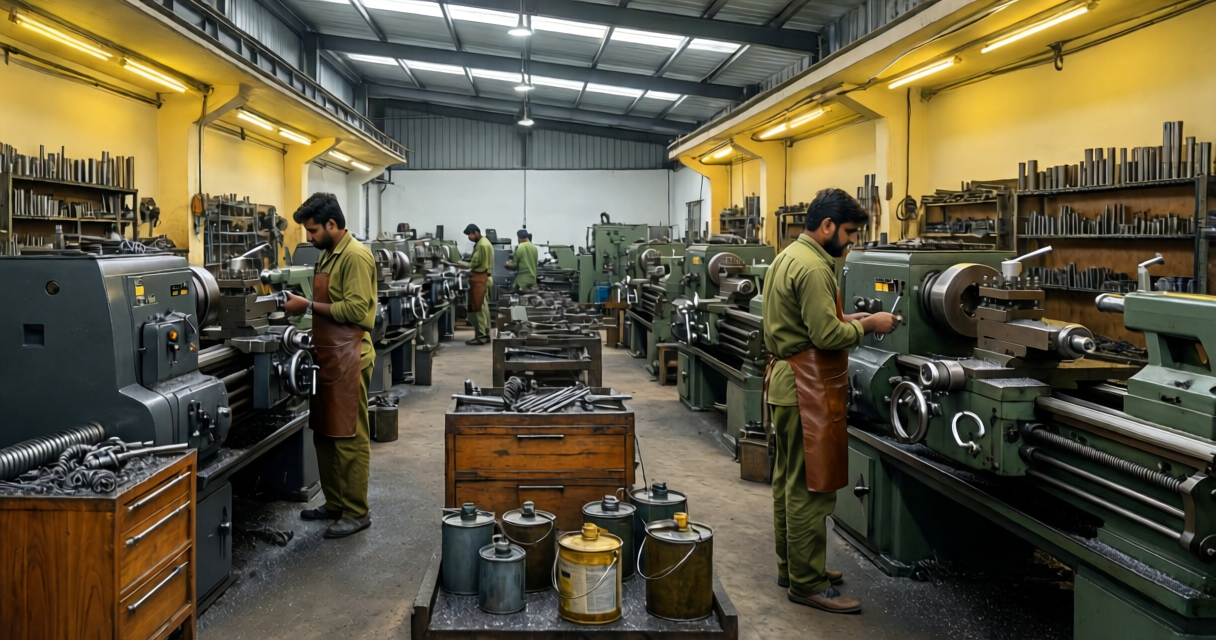 Technician repairing large industrial CNC lathe machine components onsite.