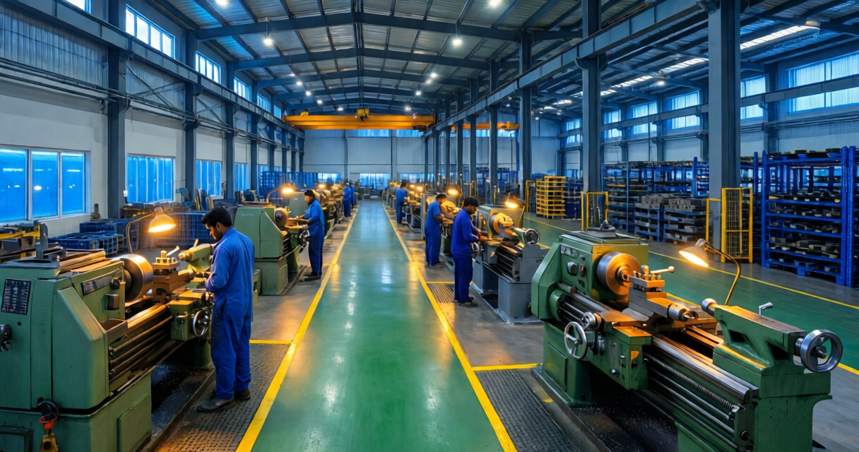 Expert technician servicing large CNC lathe machine parts in industrial setting.