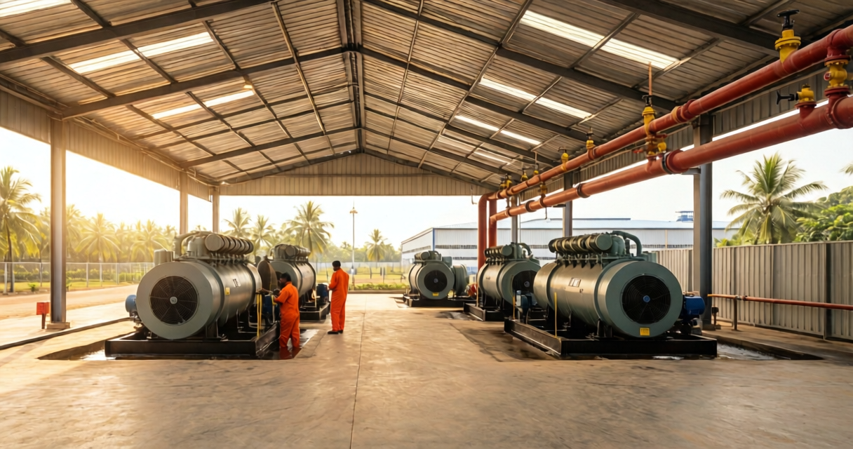 Industrial machinery repair expert diagnosing large industrial air compressor failure.