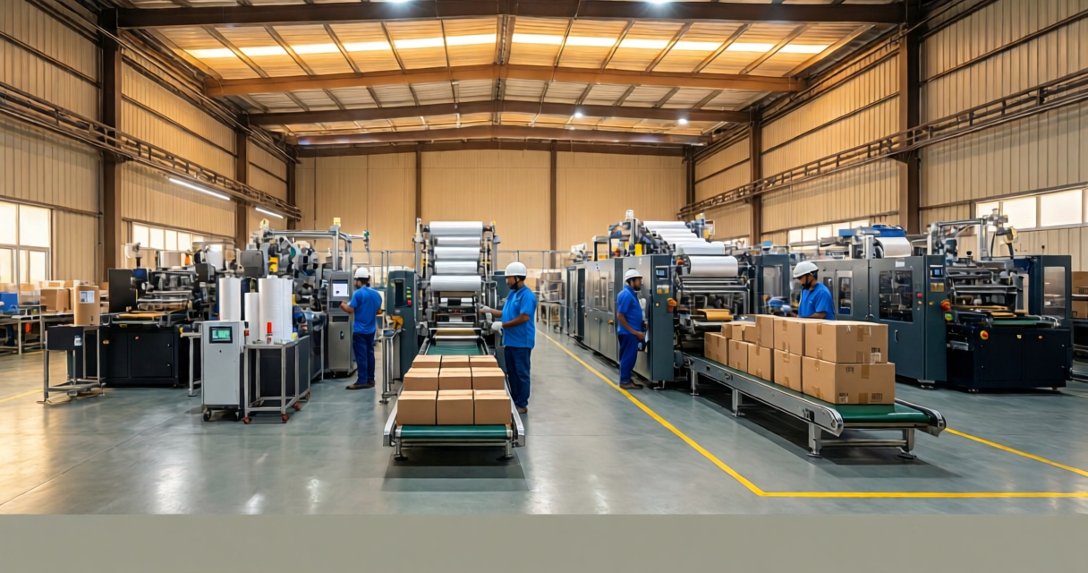 Expert technician repairing industrial packaging machinery line in Tirupati factory setting