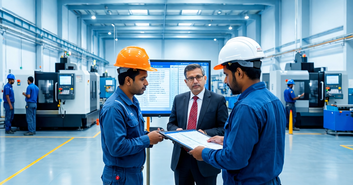 Verified technician repairing industrial machinery in a modern Indian factory setting.