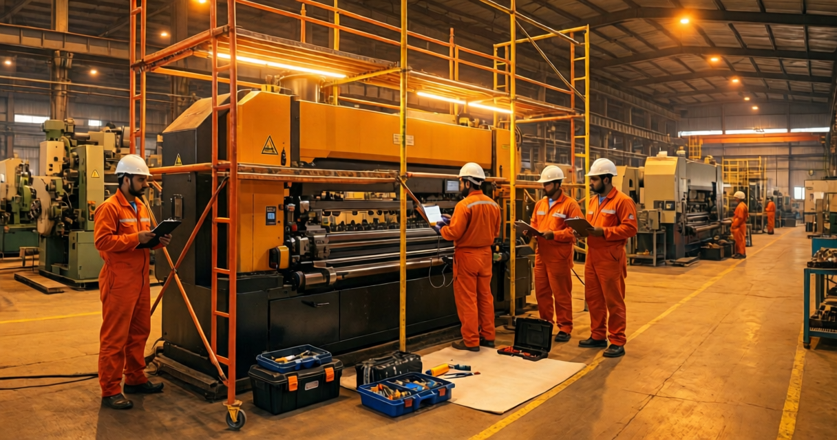 Expert technicians diagnosing complex industrial machinery breakdown on site
