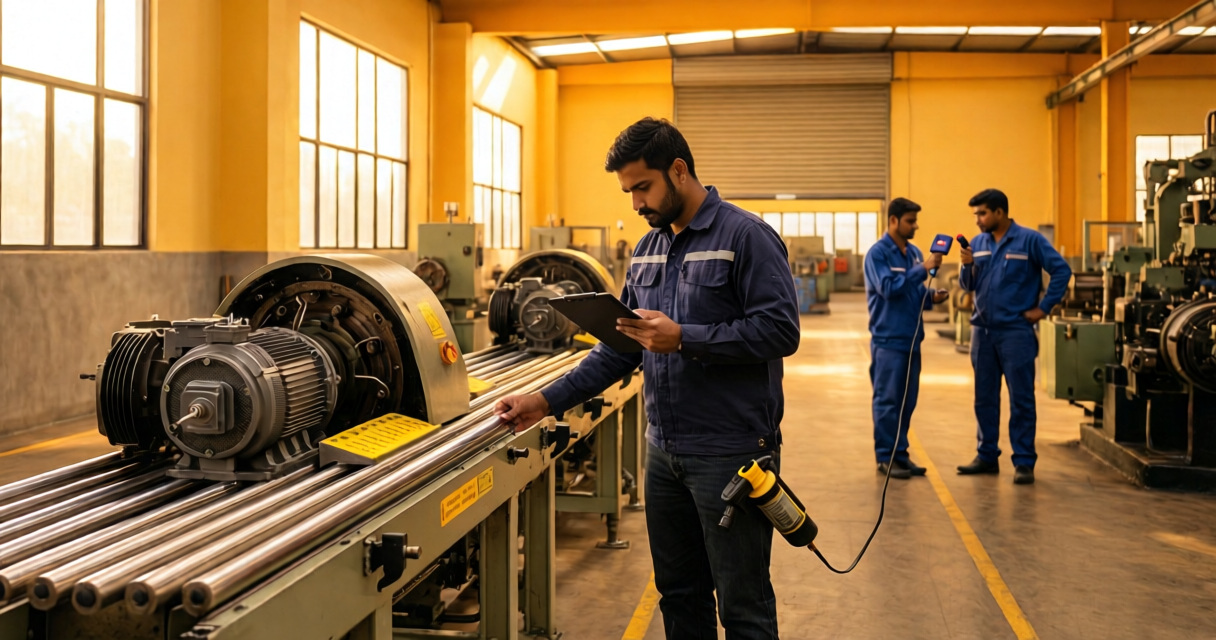 Expert technician servicing multi-axis CNC machine in an Indian factory setting.