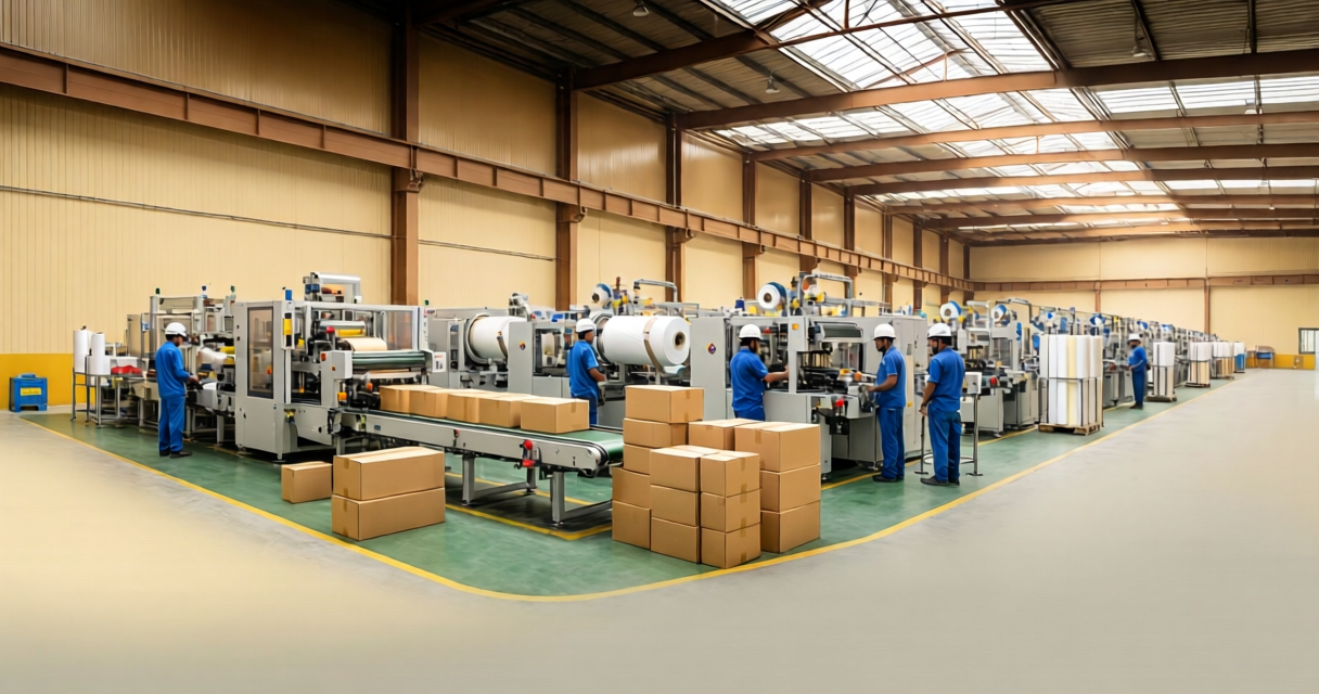 Expert technician servicing high-speed stretch wrap machine conveyor belt system