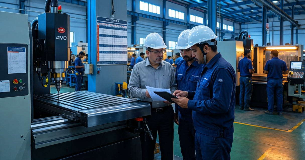 Certified technician repairing CNC machine on factory floor in India