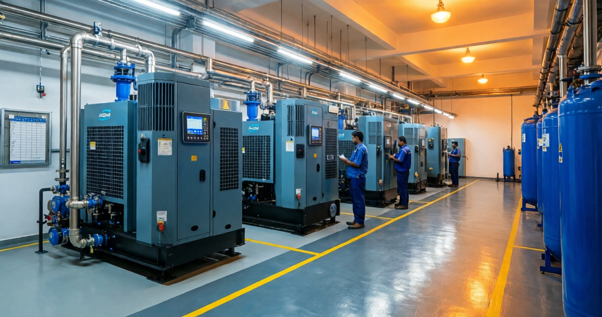 Industrial screw compressor undergoing expert maintenance in humid Indian factory setting.